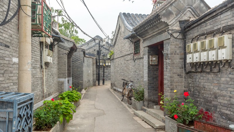 gate, og mursteinshus i Hutong omr�det