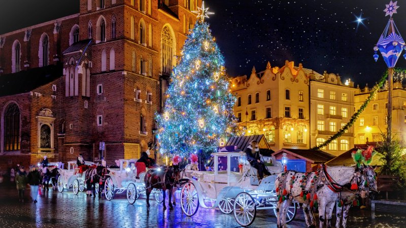 Julemarked Hest og kjerre og juletre foran Mariakirken på torget