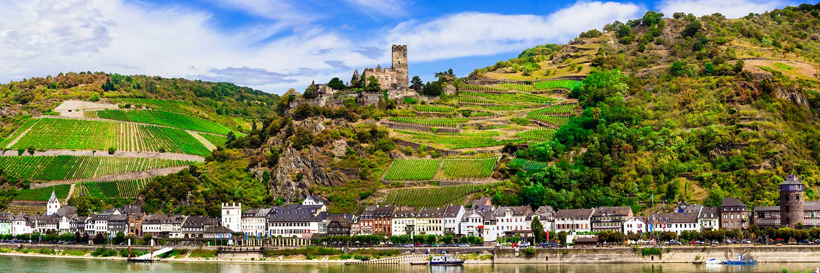 En elv renner forbi en landsby i vakkert landskap. Et slott p� toppen av en �s.